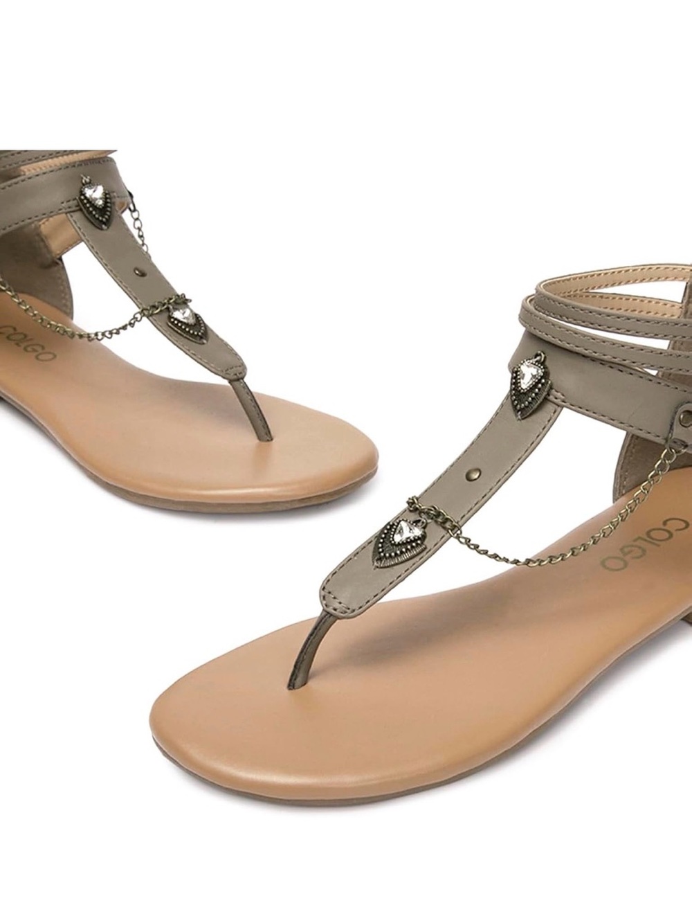 Colgo Gray T-Strap Sandals with Chain, Ankle Strap and Zip Closure